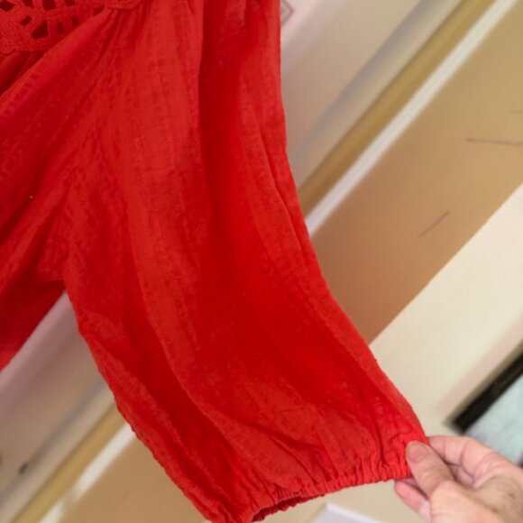 Max Studio Crochet Trim Eyelet Round Neck Top in Lava - Picture 4 of 5